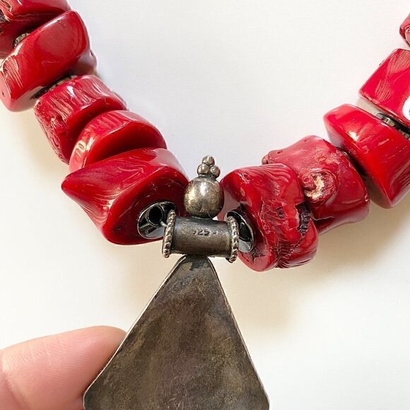 Vintage Chunky Blood Red Coral Sterling Silver Pendant Necklace sz 20" 10.3 oz - Picture 3 of 12